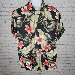Caribbean Black Tropical Floral Silk Blend Hawaiian Button Up Shirt Size Large L